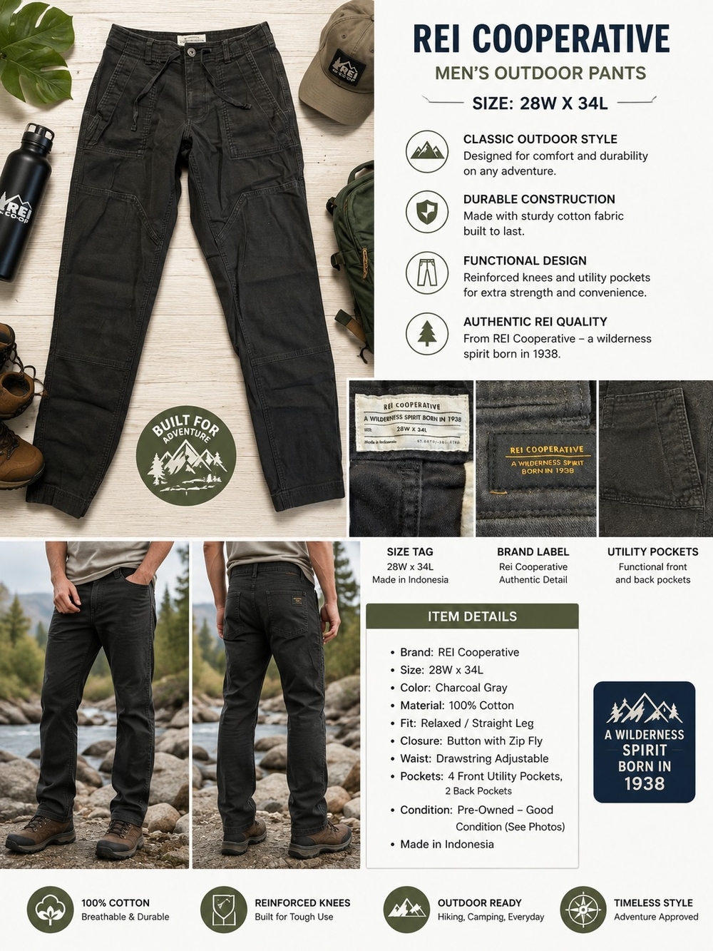 REI Co-op Mens 28x34 Outdoor Cargo Utility Pants Gray Hiking Workwear Cotton